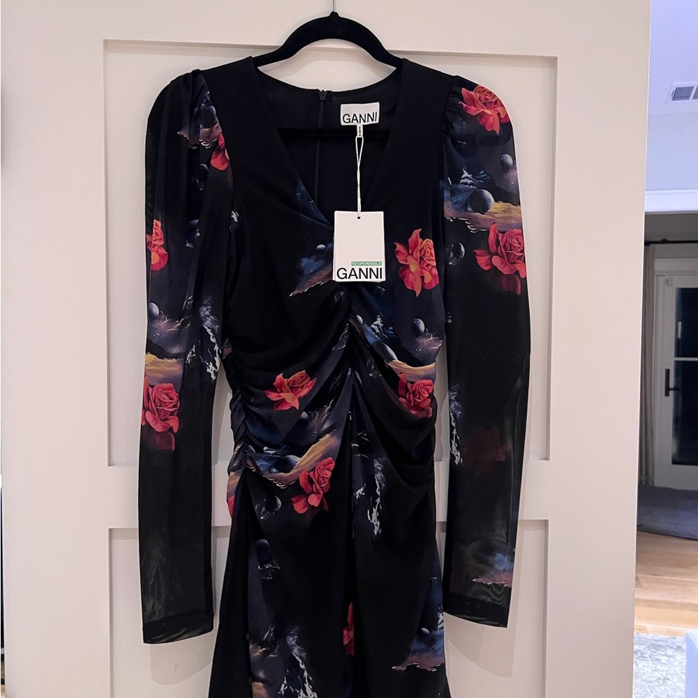 Ganni Printed Mesh Gathered Mini Dress Size 36